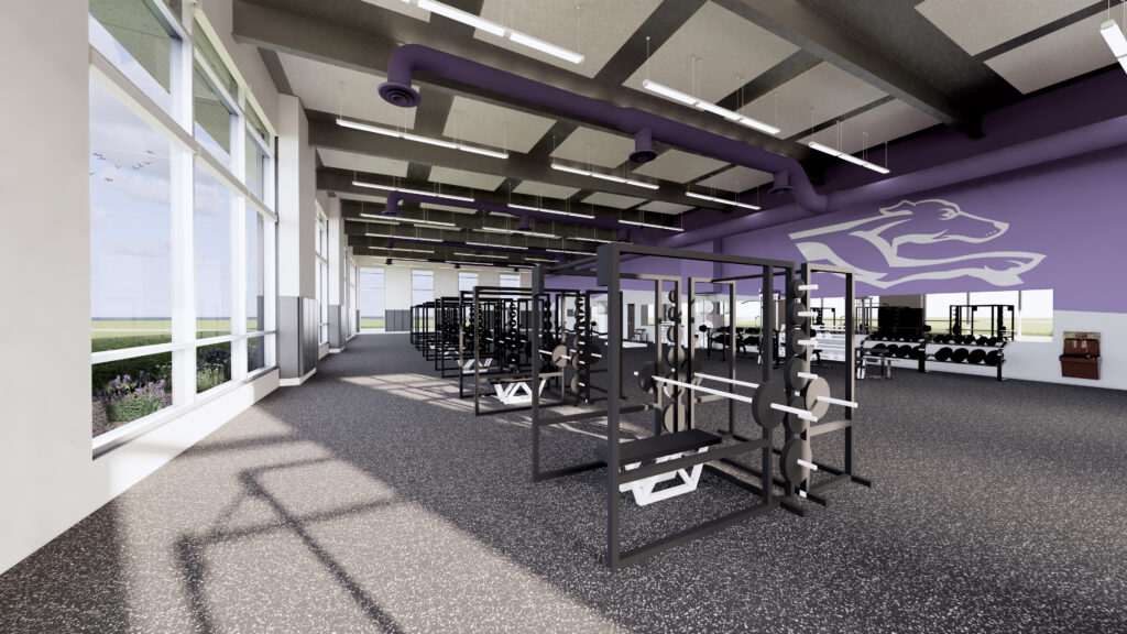 Rendering of the new weight/fitness center with branding on one wall and windows on another two walls bringing in natural light.