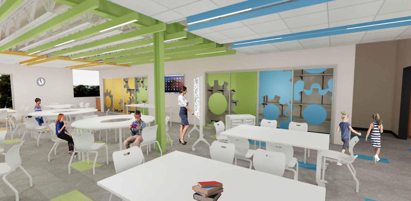 Rendering of the elementary steam lobby filled with vibrant colors and flexible furniture