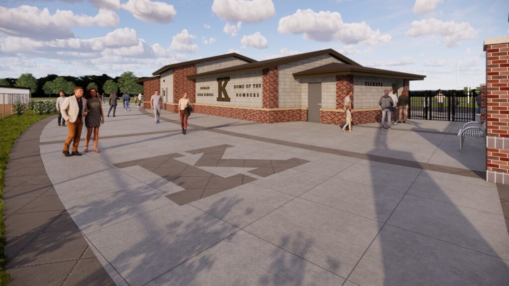 Rendering of the concessions and ticketing area at Ebben Field with people walking around