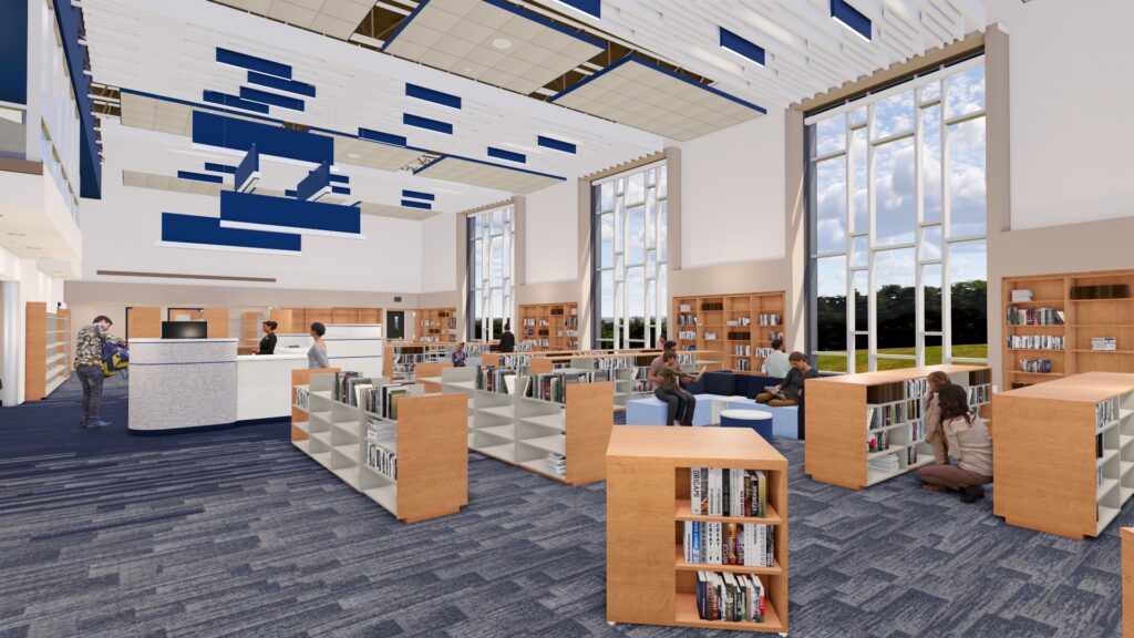 Rendering of the interiors with shelves and books in library