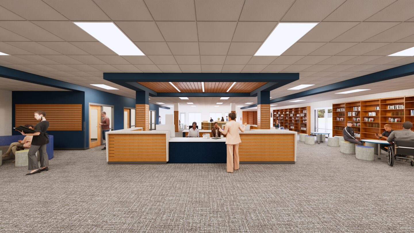 Rendering of the library and desk area at Random Lake School District