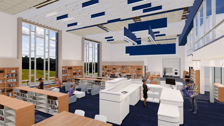 Rendering of the interior of the shared public/school library with floor to ceiling windows, book shelves, furniture, and main desk