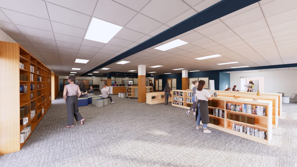 Renderings of students choosing books from the bookshelves in the library at Random Lake School District