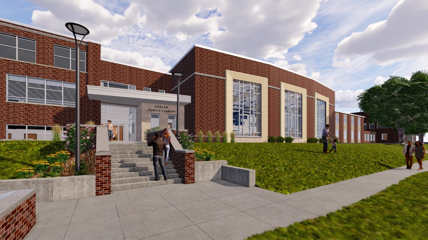 Rendering of the shared public/school library with people walking into the building