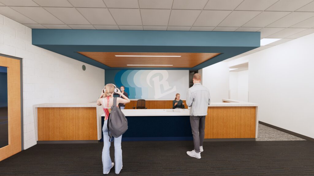 Renderings of the reception desk with students checking in at Random Lake School District