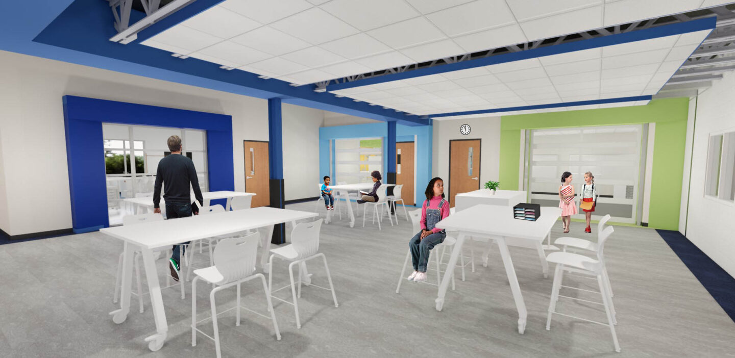 Rendering of the STEAM lobby with branding colors and furniture for stuying
