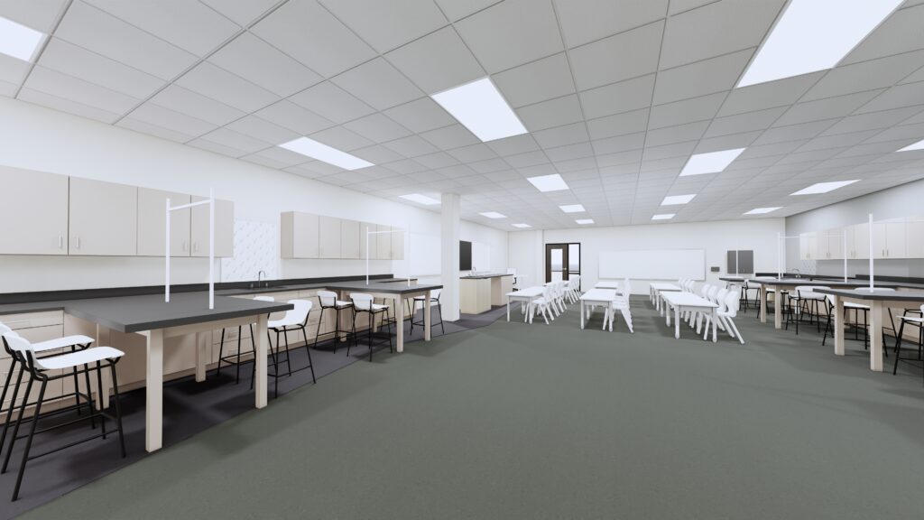 Rendering of the renovated science room with lab stations and work table furniture