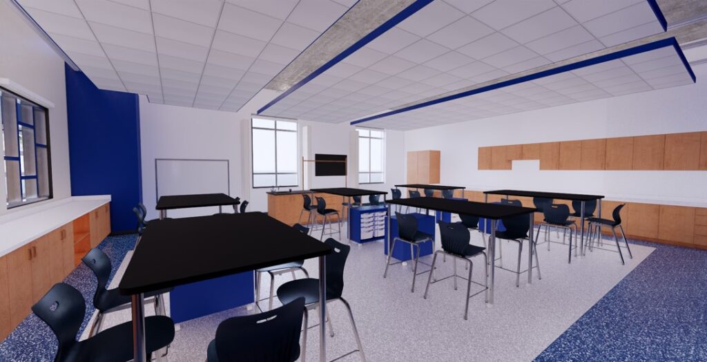 Rendering of the science classroom with cabinetry and tables