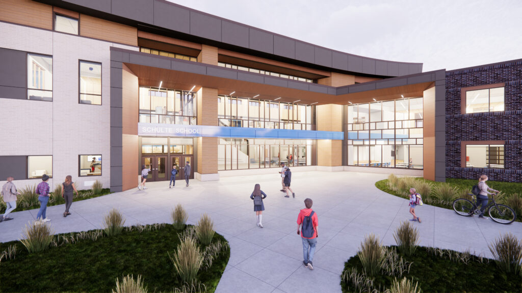 Schulte 4K-8 School main entrance with students walking into school