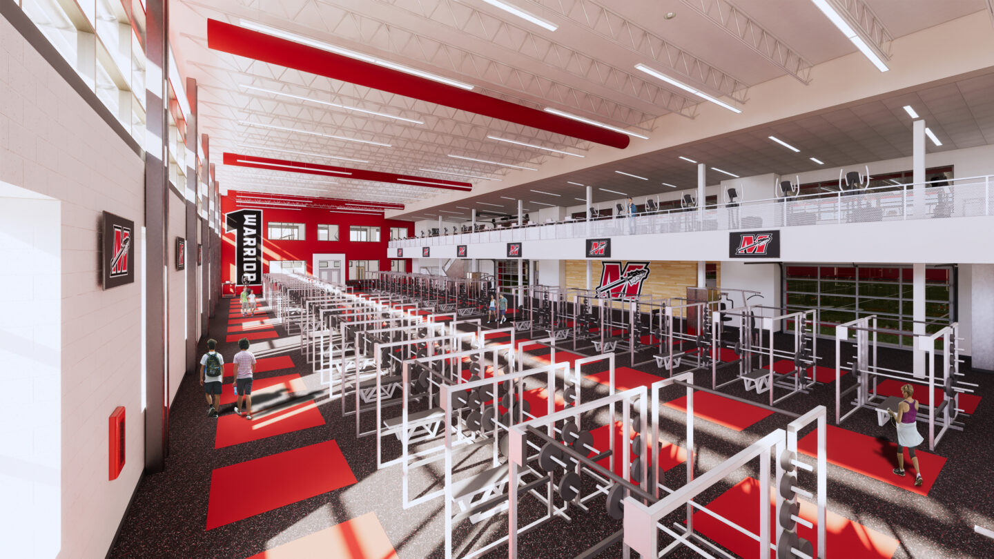 Rendering of the fitness center with squat racks and fitness machines on the upper level. Branding is located on the entrance wall.