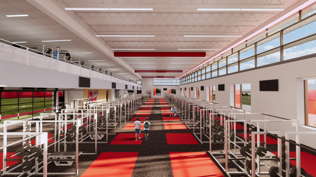 Rendering of the fitness center with garage doors into the practice facility