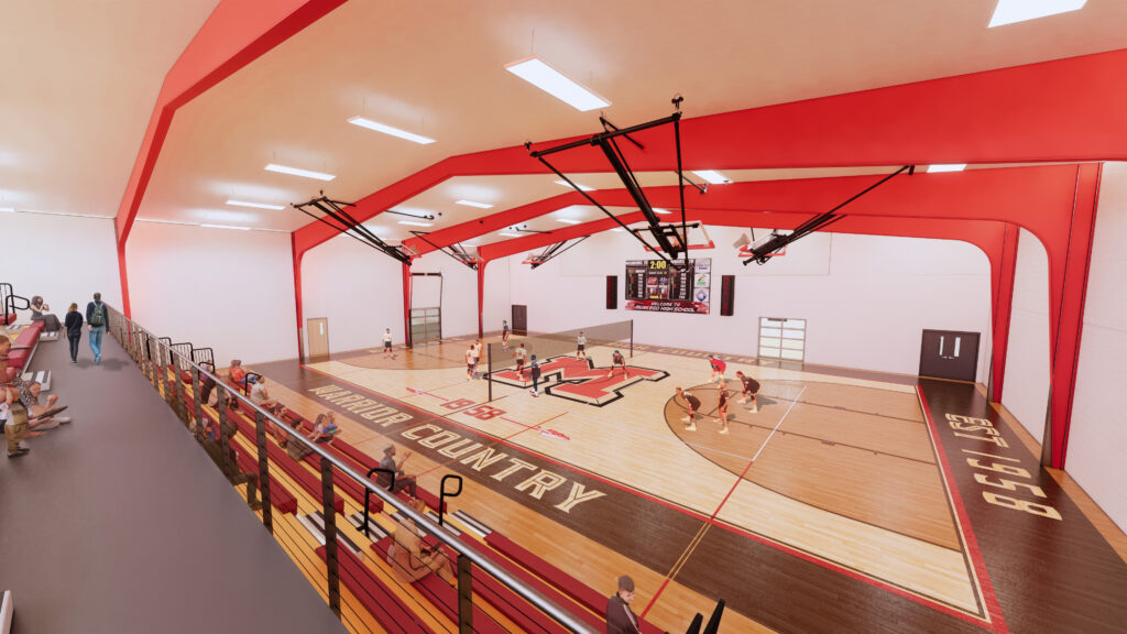 Rendering of the renovated gym that features school colors and bleacher seating