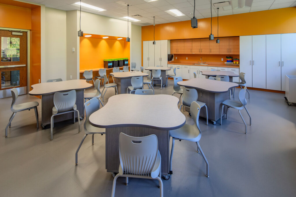 Richards Elementary School maker space room with flexible furniture and cabinetry.
