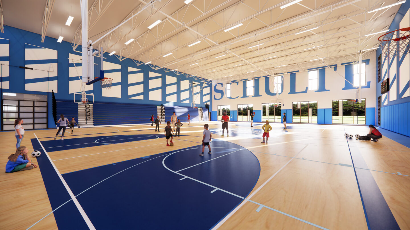 Schulte 4K-8 school gymnasium with students running around