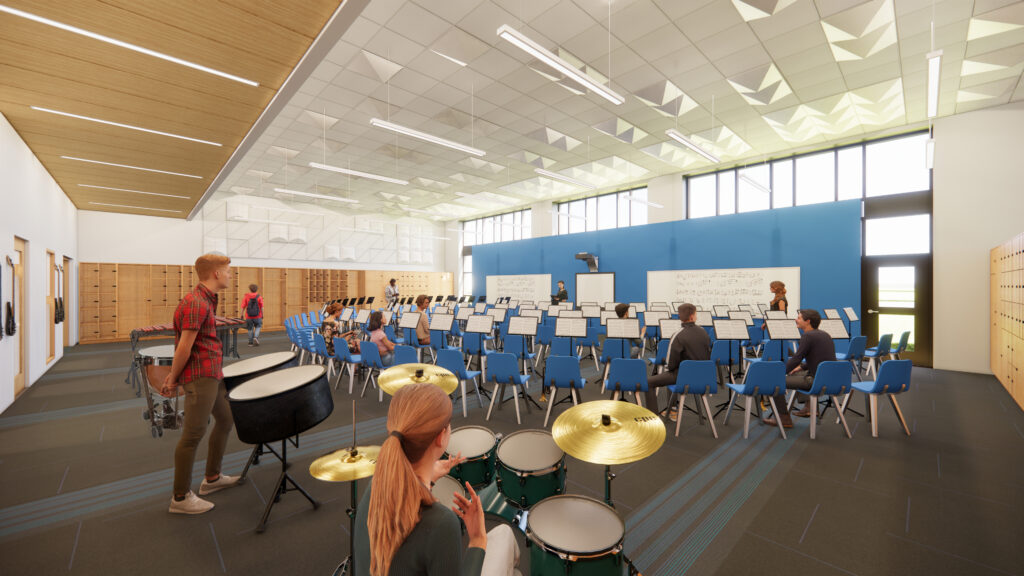 Schulte 4K-8 school band room with wood, neutral tones and the school-branded blue color
