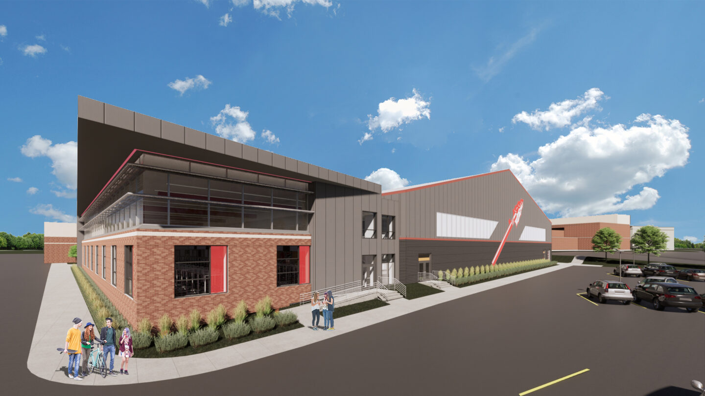 Rendering of the exterior practice facility and fitness center showcasing the branding on the side of the practice facility