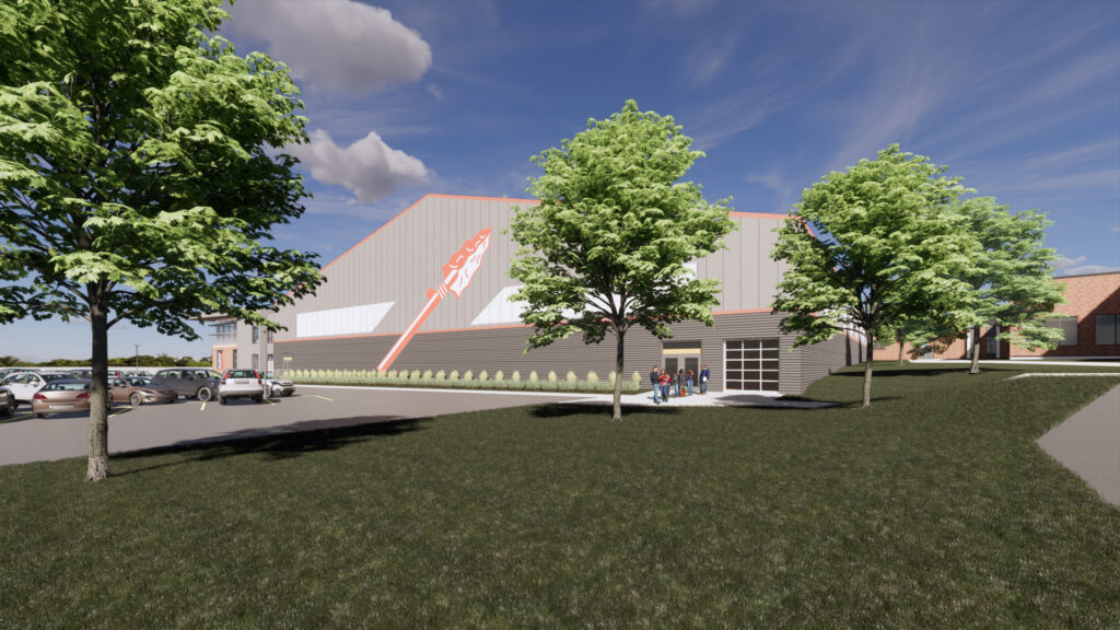 Exterior rendering of the practice facility with branding on the side