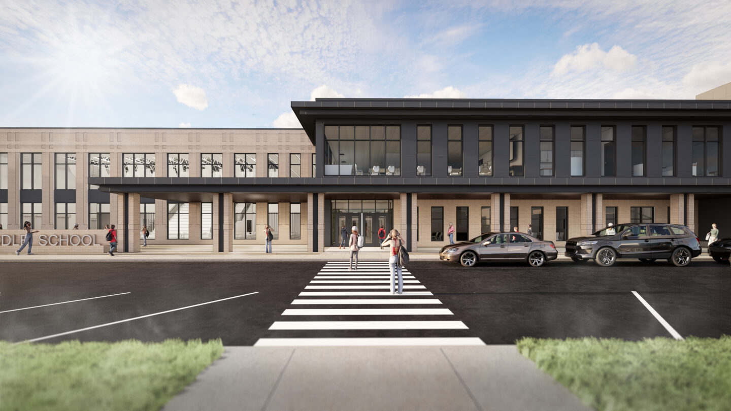 Front entrance to the school with crosswalk