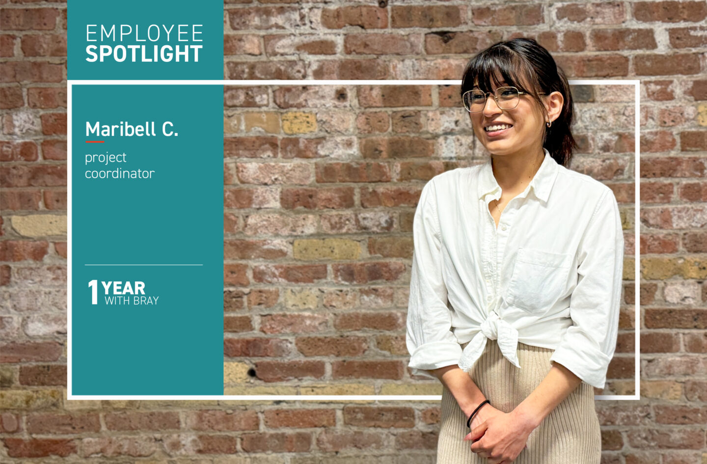Graphic for Maribell's one year employee spotlight